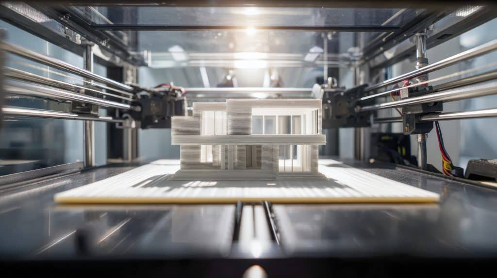 White modern house architectural model being 3d printed on a professional printer showcasing advanced technology in construction and design innovation