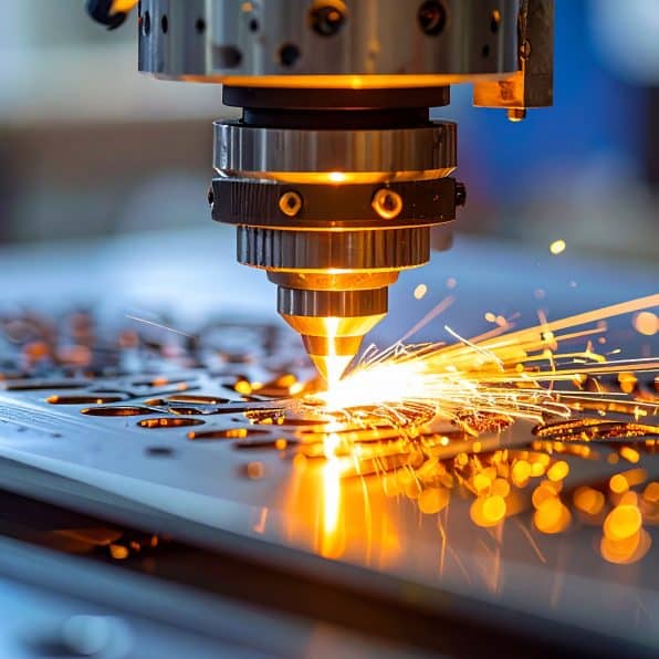 Laser cutting metal with sparks flying in industrial manufacturing factory close up.