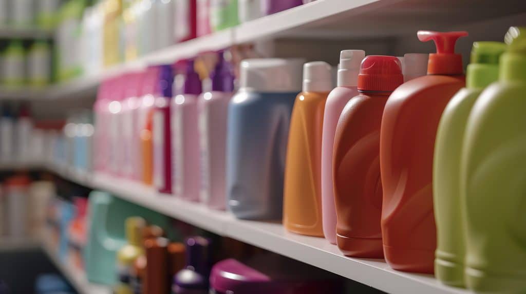 A photo of pet grooming products lined up on a shelf.