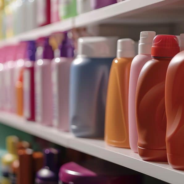 A photo of pet grooming products lined up on a shelf.