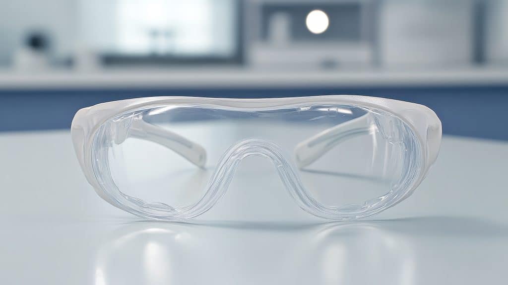 Clear safety goggles on a white surface indoors
