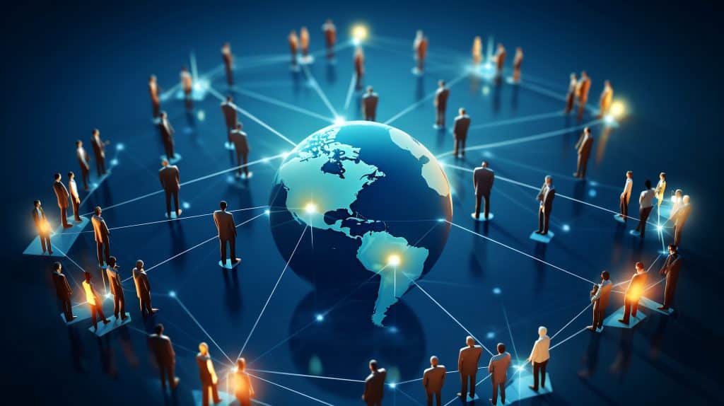 Global business structure of networking. Analysis and data exchange customer connection, HR recruitment and global outsourcing, Customer service, Teamwork, Strategy, Generative Ai