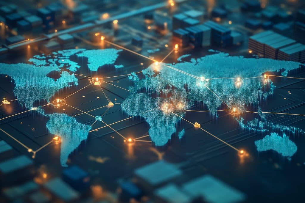 Intricate global value chains connecting manufacturers, suppliers, and distributors across borders - conceptual illustration of international trade and supply chains